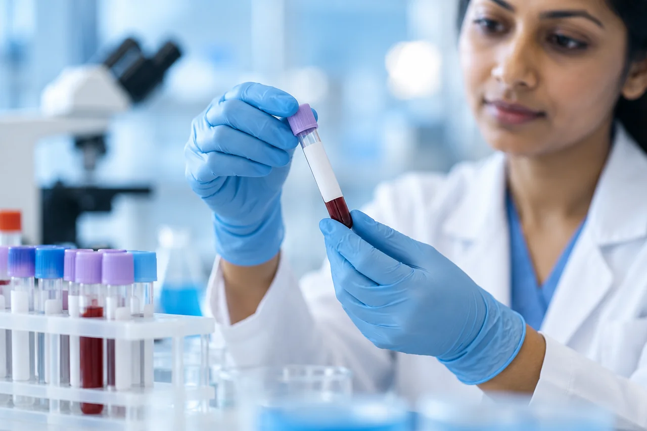 AMH blood test sample tube in a laboratory rack
