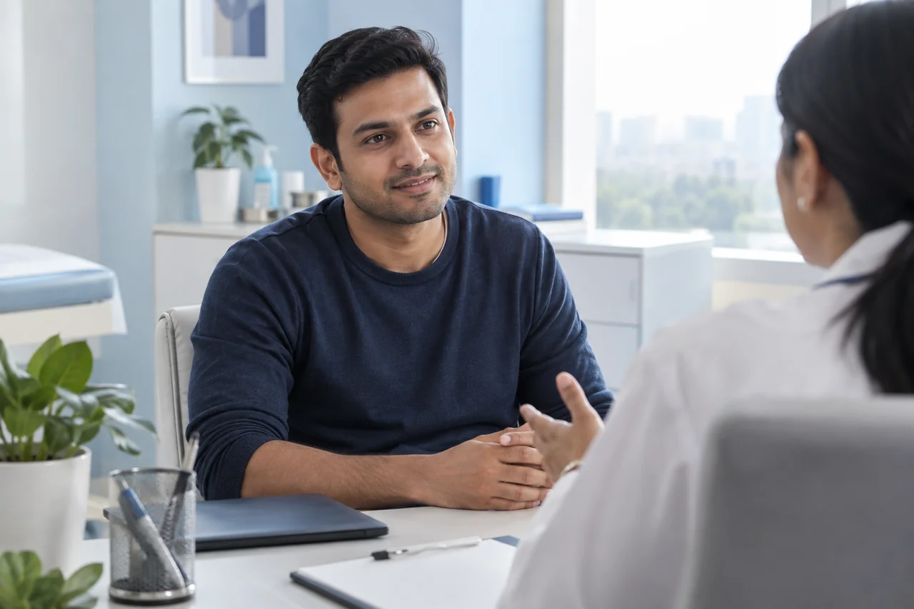 Couple discussing male fertility with a doctor (illustrative image)