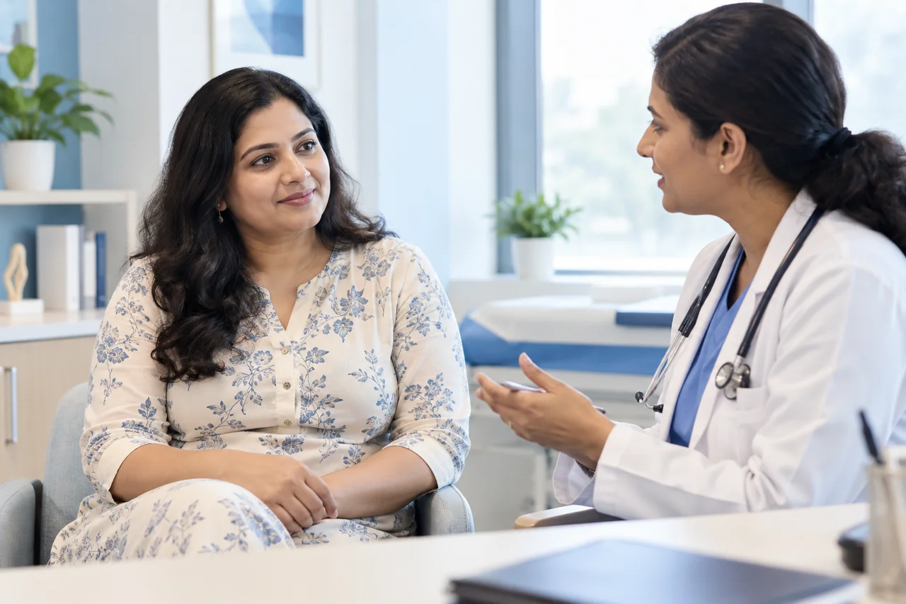 Woman discussing PCOS care with a healthcare professional